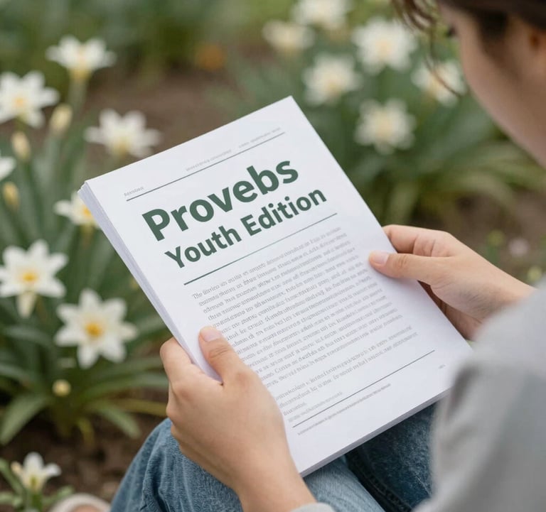 Close-up of a young person's hands holding a printed copy of the Proverbs Youth Edition, sitting in a garden with soft-focus flowers in the background. Peaceful and contemplative mood with #8DAF9E green accents.