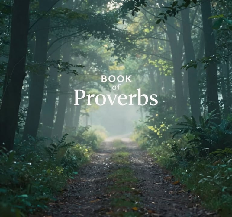 A tranquil landscape of a forest path at sunrise, representing the journey of the book of Proverbs. Soft mist, deep teal #1B3230 and light green #8DAF9E colors, extremely peaceful and hopeful.