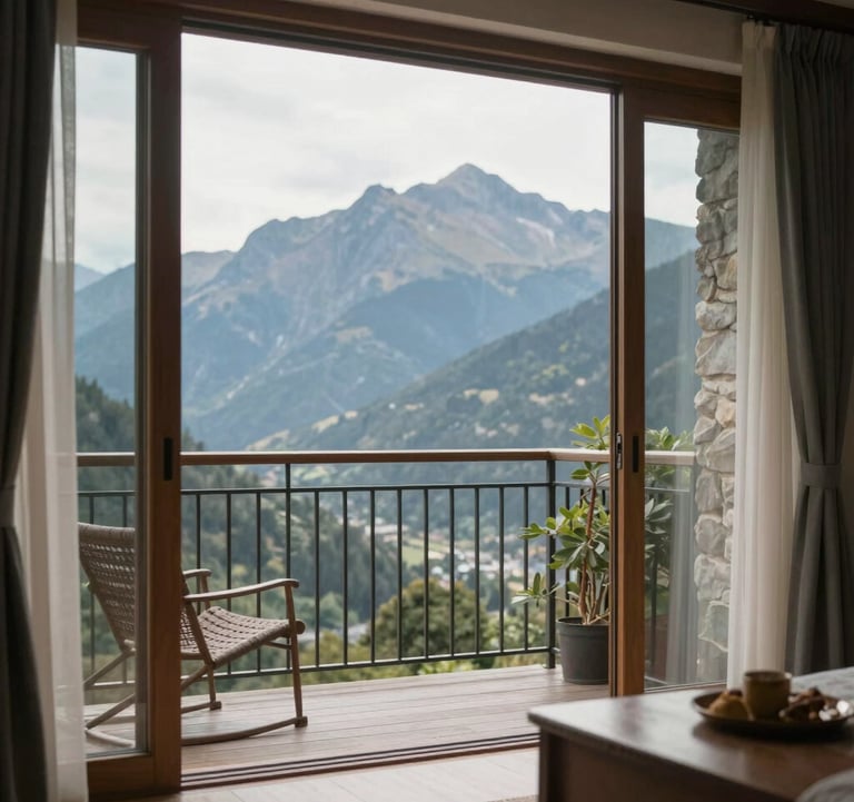 Cozy bedroom with a large window overlooking rolling green hills.
