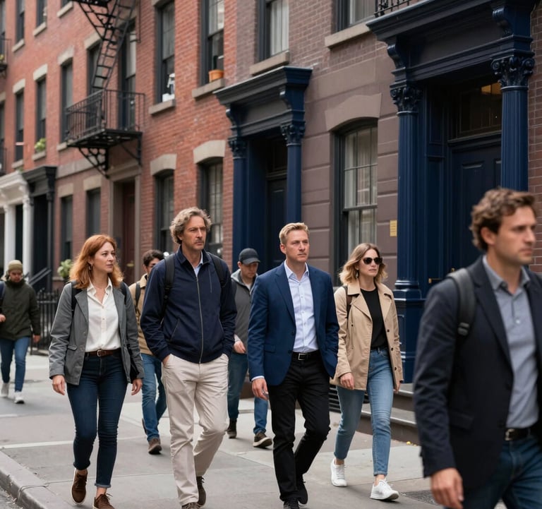 A street-level photo of a walking tour group in a historic North American / NYC neighborhood like Greenwich Village. The setting is clean and professional, with locals and tourists in stylish attire, featuring dark navy blue architectural details.