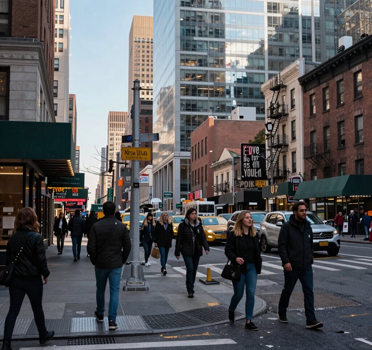 A professional photo of a busy North American / NYC street corner with diverse shops and pedestrians, captured in soft morning light with powder blue sky reflections.