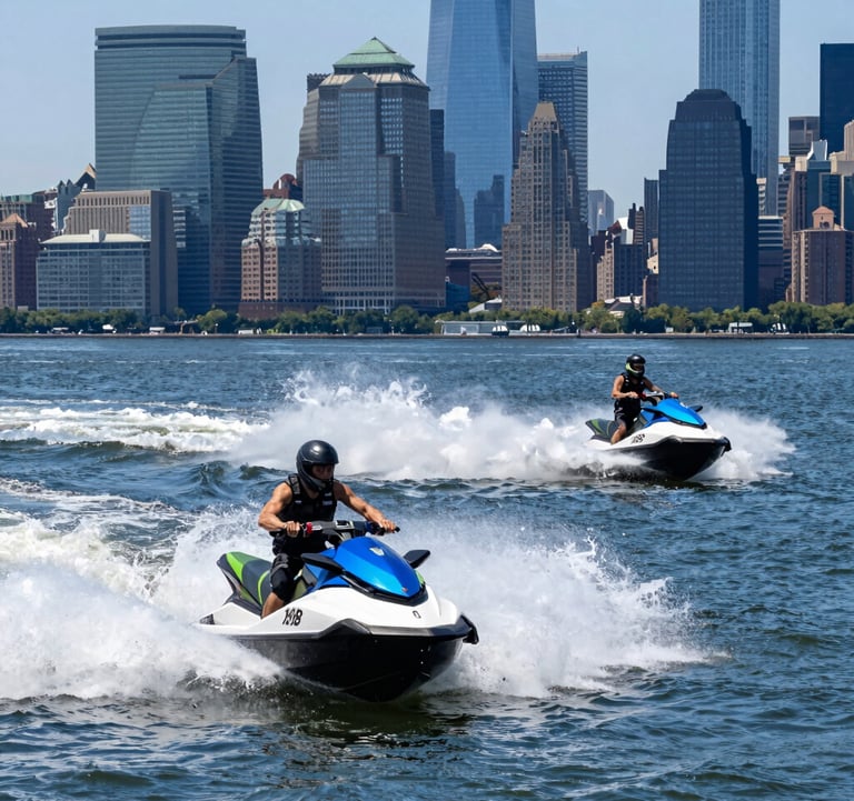 A vibrant action shot of two jet skis kicking up spray on the Hudson River with the iconic lower Manhattan skyline in the background. The water is a deep Ocean Blue. North American / NYC environment.