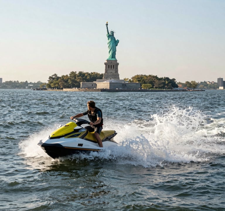 A dynamic action shot of a person on a jet ski in the harbor, with the Statue of Liberty in the distance. The lighting is bright morning sun in a North American / NYC setting, capturing the ocean blue water and off-white gray splashes.