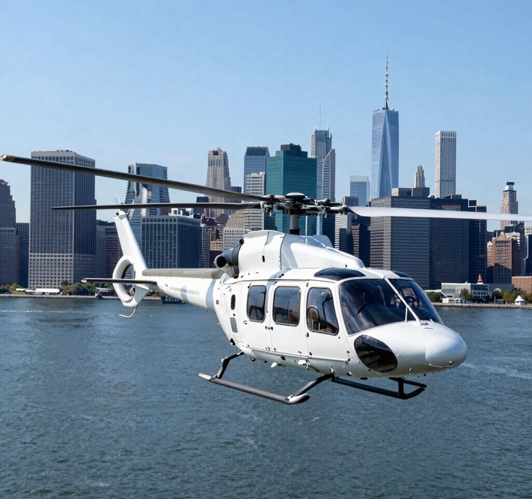 A professional aerial photograph of a helicopter flying over the Hudson River with the Manhattan skyline in the background. The scene is bright and professional, featuring sky blue water and deep navy blue buildings under clear North American / NYC skies.