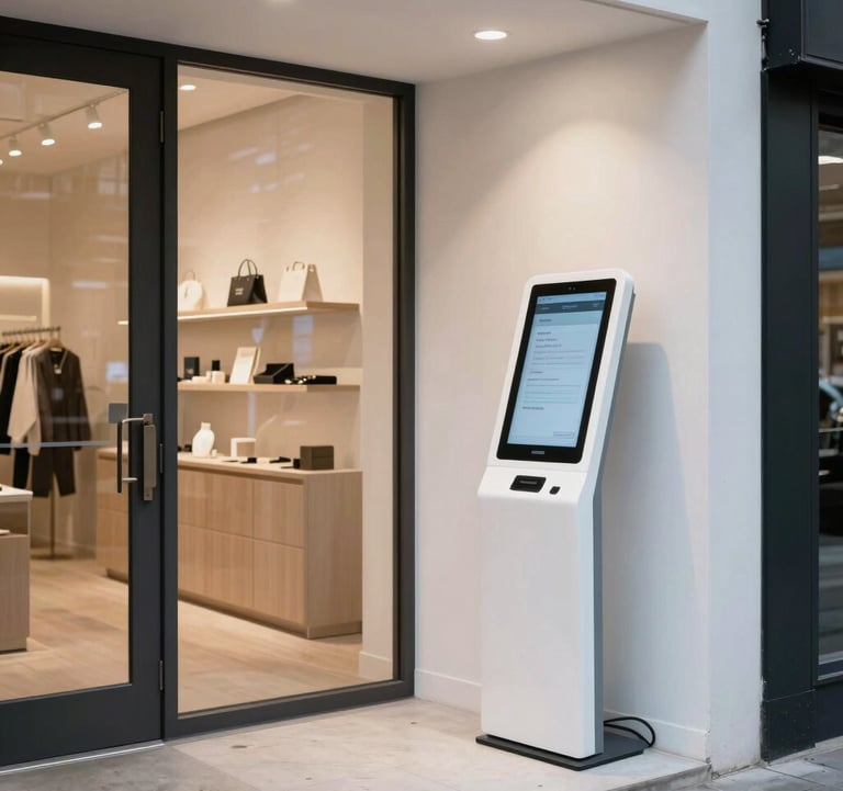A bright and airy photograph of a boutique shop interior in a North American / NYC neighborhood, featuring a sleek, minimalist digital kiosk near the entrance for guest use.