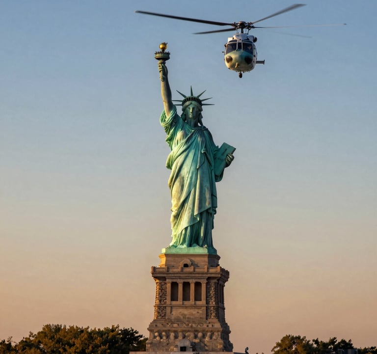 A professional photograph of a helicopter flying over the Statue of Liberty during a golden hour sunset in New York City. The sky is a mix of Ocean Blue and warm orange. High-resolution tourism photography.