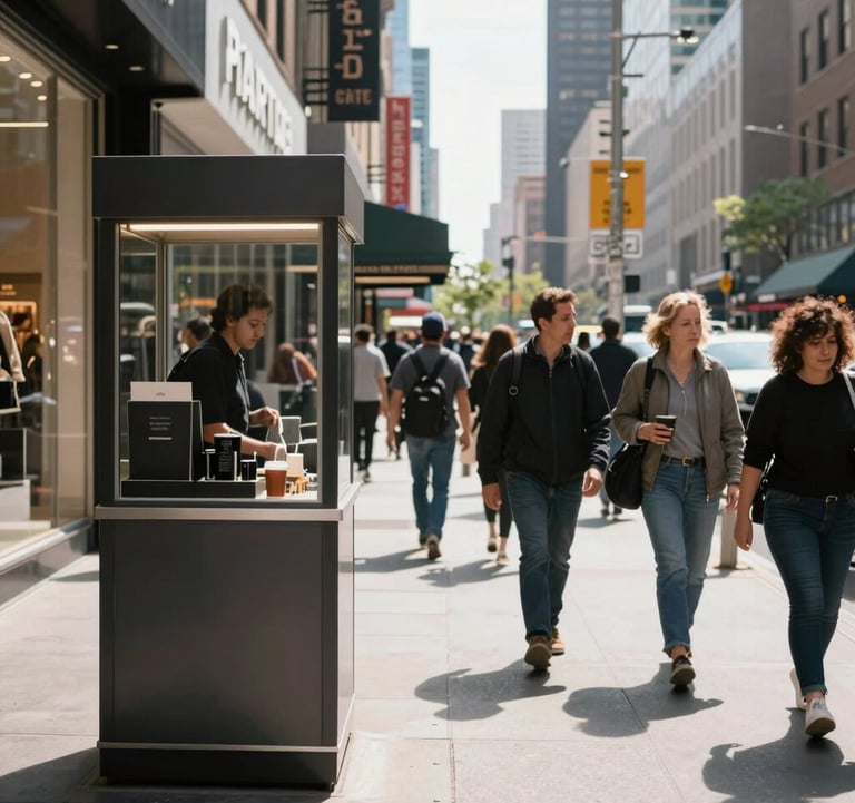 A street-level photo of a group of visitors walking through a bustling North American / NYC shopping district. In the foreground, a sleek kiosk stands outside a partner store under clear, bright daylight.