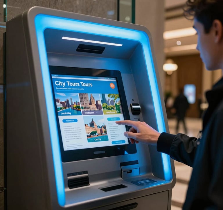 A close-up shot of a tourist in a North American / NYC hotel lobby using a digital kiosk to browse city tours. The kiosk is illuminated with vibrant sky blue light, reflecting off the clean, modern glass surface.