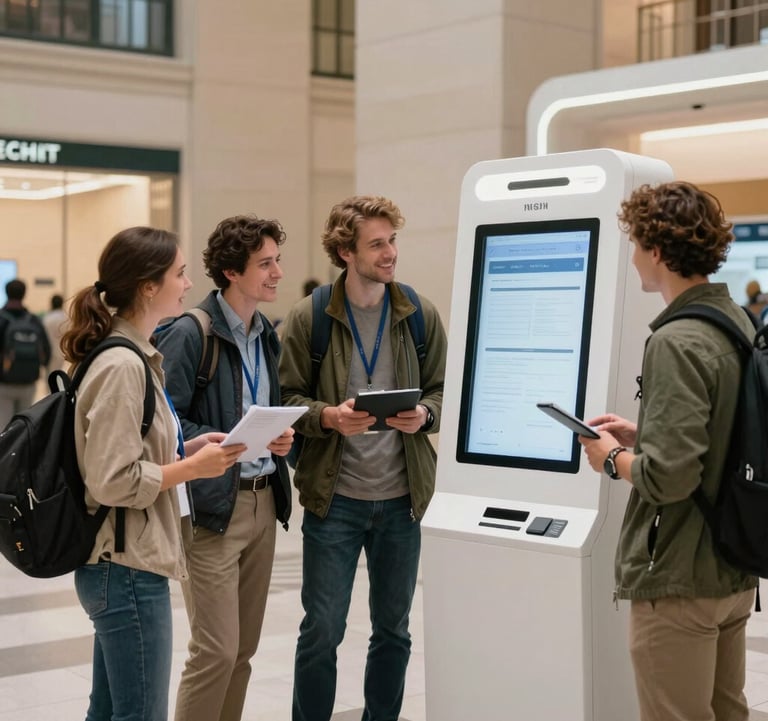A group of tourists in modern travel attire gathered around a sleek, white digital kiosk inside a bright North American / NYC visitor center. They are looking at the screen with smiles. Clean, bright, and professional lighting.