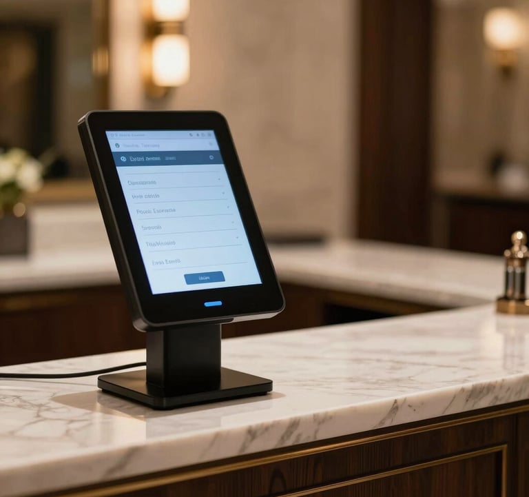 A professional shot of a luxury hotel concierge desk in North American / NYC, with a modern digital booking kiosk positioned nearby for self-service convenience.
