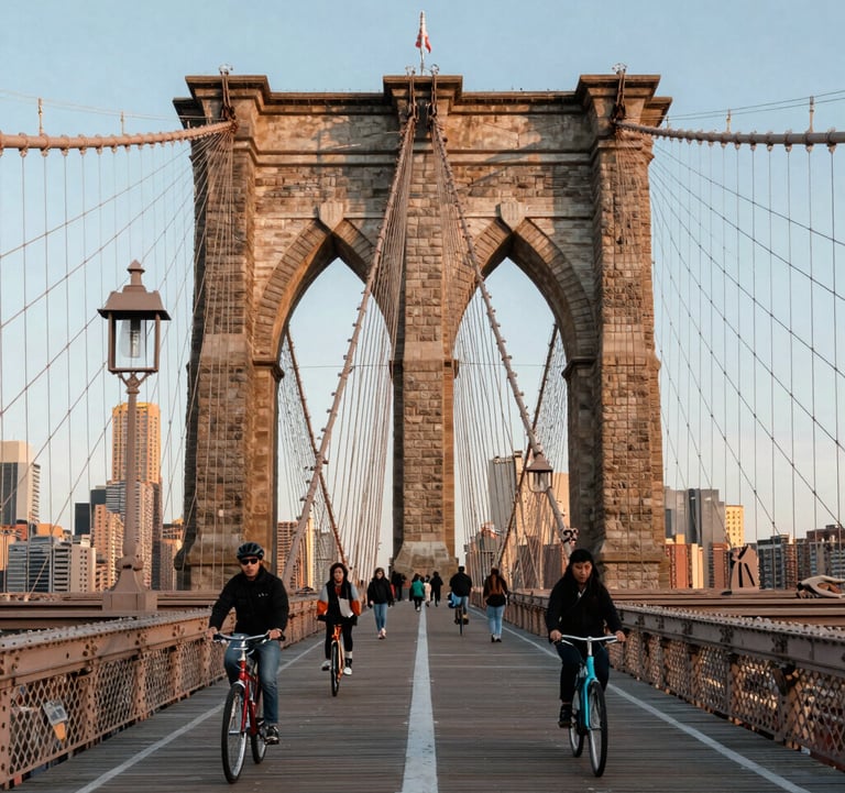 A scenic view of the Brooklyn Bridge with pedestrians and cyclists during a clear morning in a North American / NYC setting. The sky is a soft powder blue and the bridge's stone structure is detailed and sharp.
