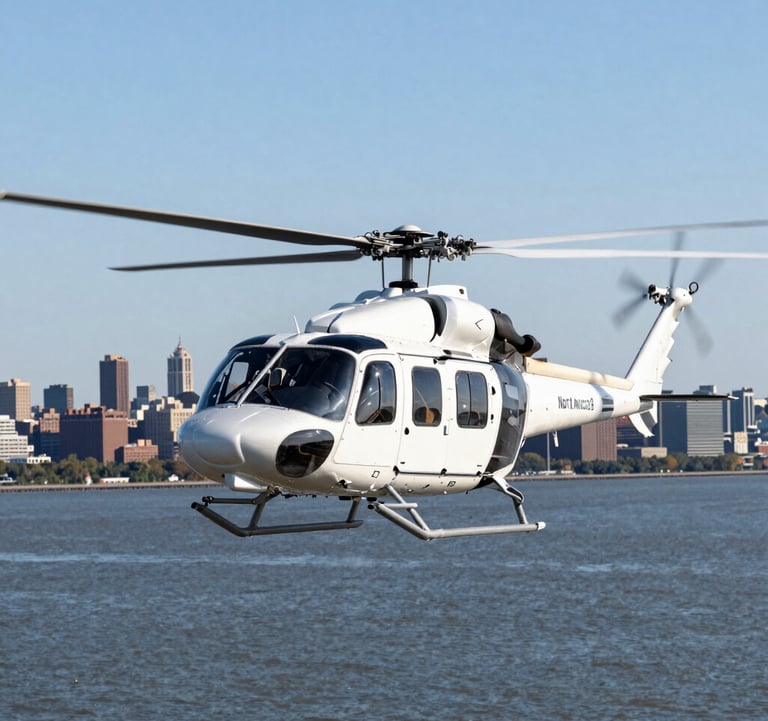 A professional photograph of a modern helicopter flying over the Hudson River, with the North American / NYC skyline and a clear sky blue horizon in the background. The lighting is bright and crisp.