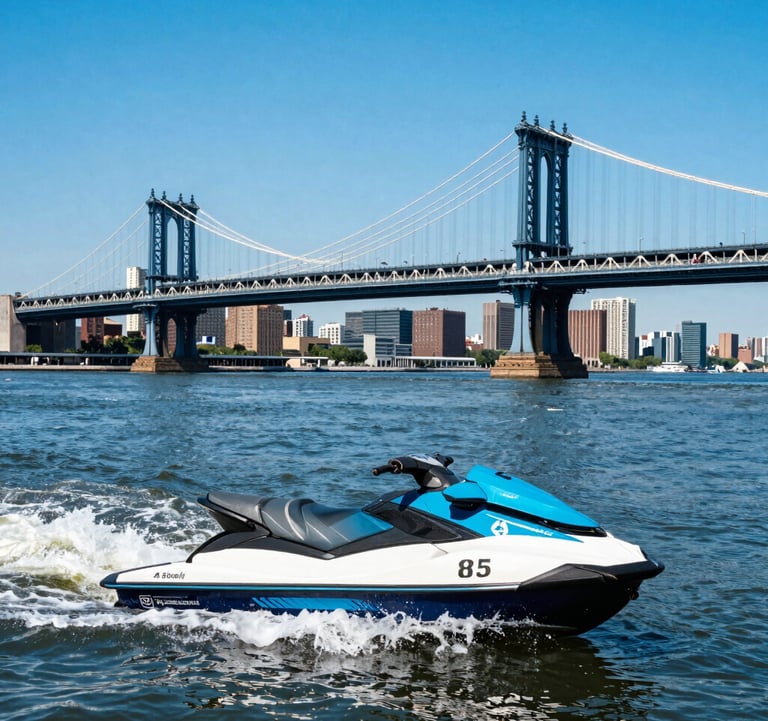 An action photograph of a jet ski on the river with the Manhattan bridge in the background, featuring vibrant sky blue water under a bright North American / NYC sun.