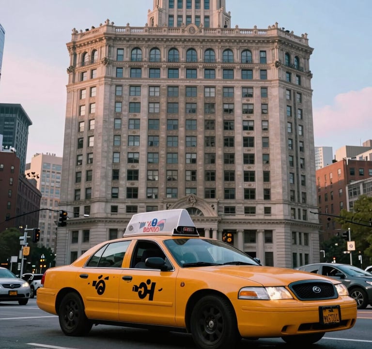 A detailed shot of a classic North American / NYC yellow taxi passing by a historic landmark building under a soft powder blue sky. The composition is dynamic and clean.