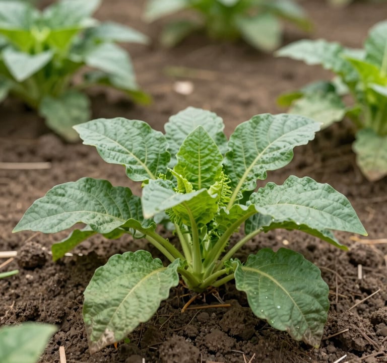 Close-up photography of healthy organic crops in a family farm in the South American Oriente, vibrant green leaves and fertile soil, natural soft lighting.
