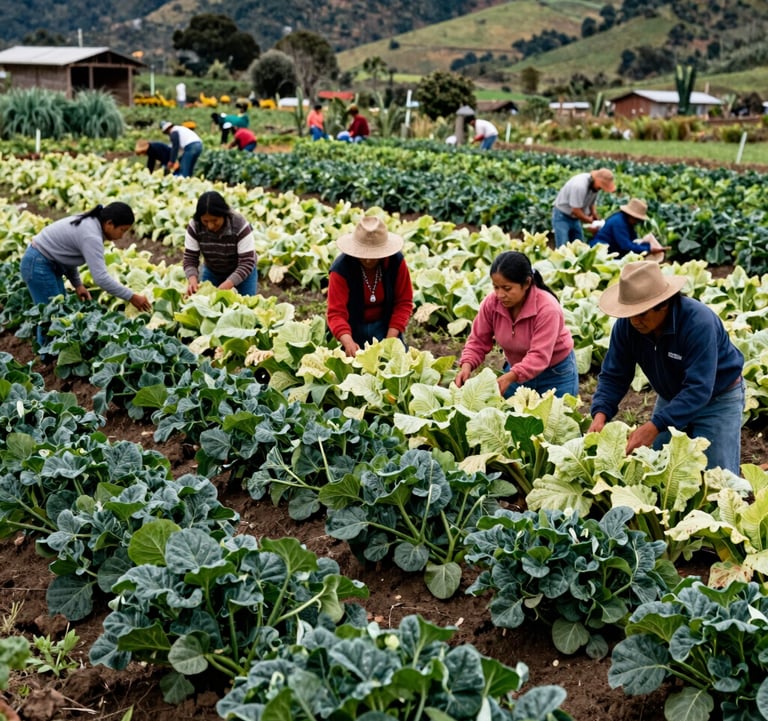 A group of people in the South American / Ecuadorian Oriente, engaged in a collaborative community farming project. They are working together in a sun-drenched field, surrounded by vibrant dark green and pale green crops. The style is natural and authentic photography.