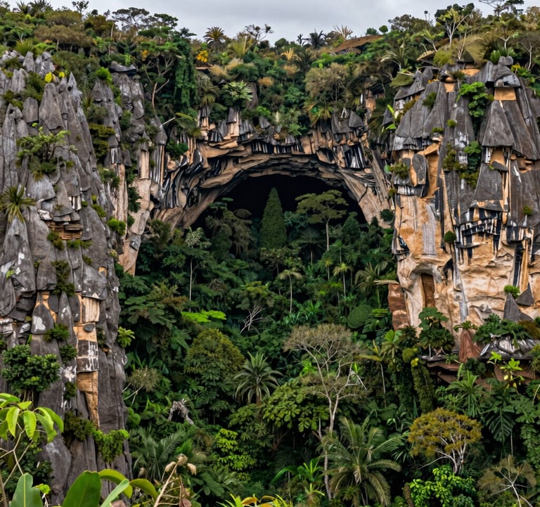 A breathtaking landscape photo of the karst topography and dense jungle surrounding the entrance to the Cueva de los Tayos in the South American / Ecuadorian oriente. The composition highlights the natural beauty and vastness of the territory with tan earth tones and vibrant green vegetation.