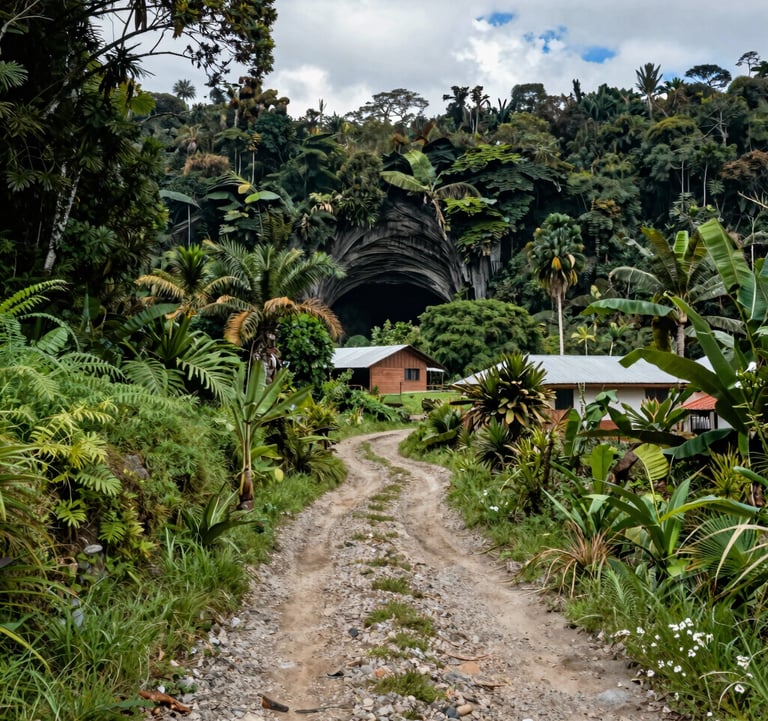 Landscape photography of a rural Ecuadorian community path near the Cueva de los Tayos, surrounded by lush Amazonian vegetation and bright daylight.