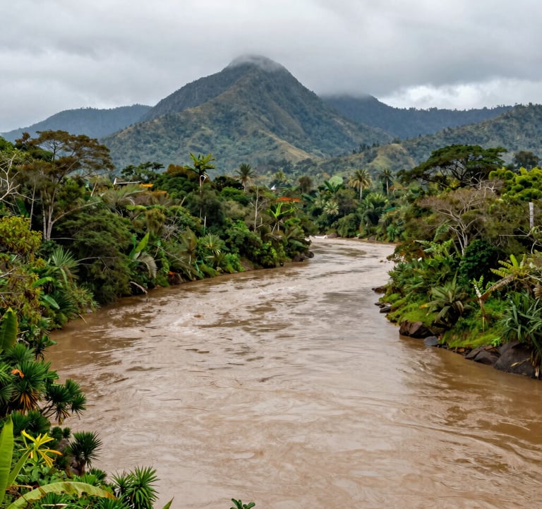 Scenic wide-angle photography of a winding river in the Amazon region of Ecuador, vibrant greenery, misty mountains in the background, earthy natural tones.