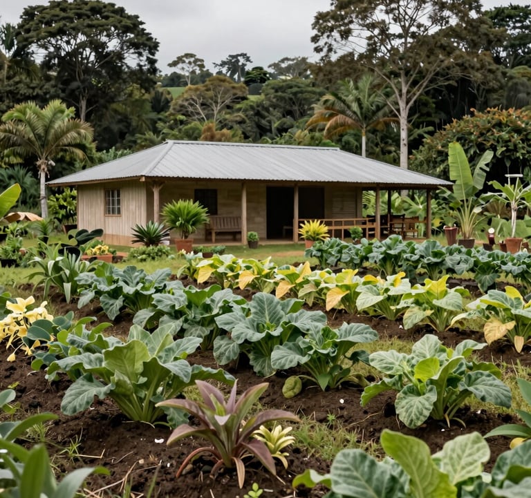 Photography of a sustainable family farm 'quinta' in the Ecuadorian Amazon, diverse crops growing, organic and clean rural composition.