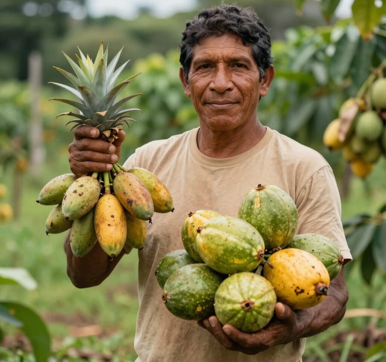 A South American farmer proudly showing a harvest of tropical fruits in a sustainable agro-ecological plot. Soft natural lighting, vibrant greens and earthy tan colors.