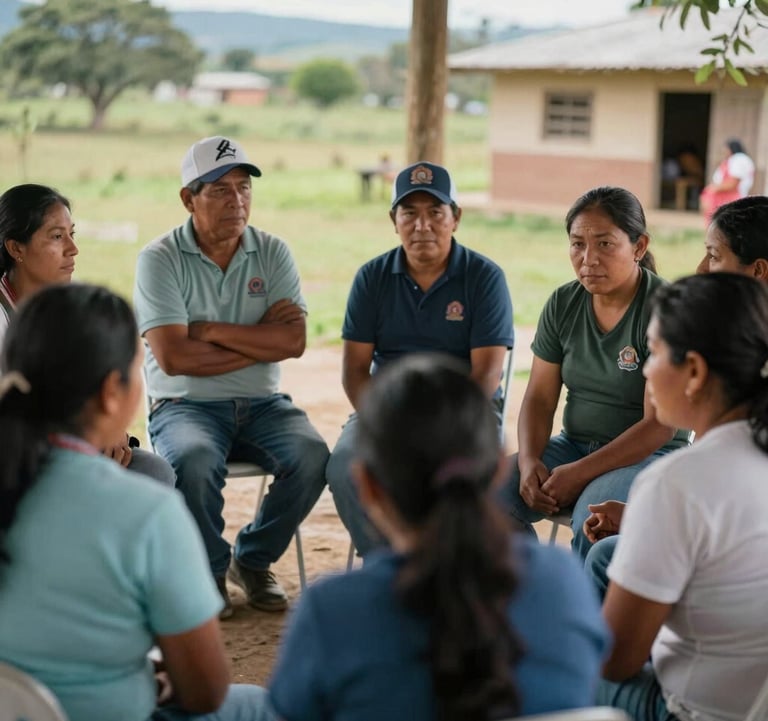 Candid photography of a community meeting in a rural South American setting, people engaged in conversation outdoors, soft natural light.
