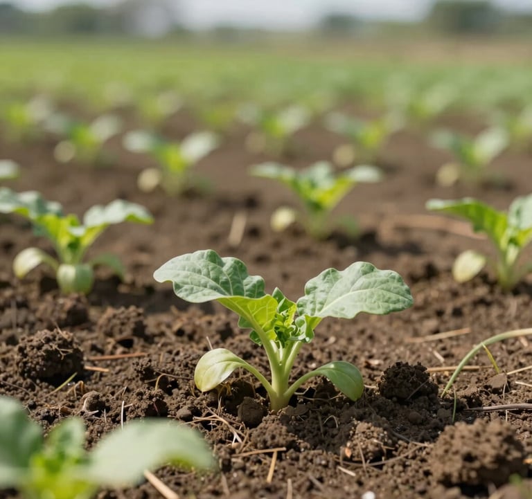 Photography of fertile Amazonian soil with young vegetable sprouts growing, South American agricultural setting, bright midday light, soft green tones.