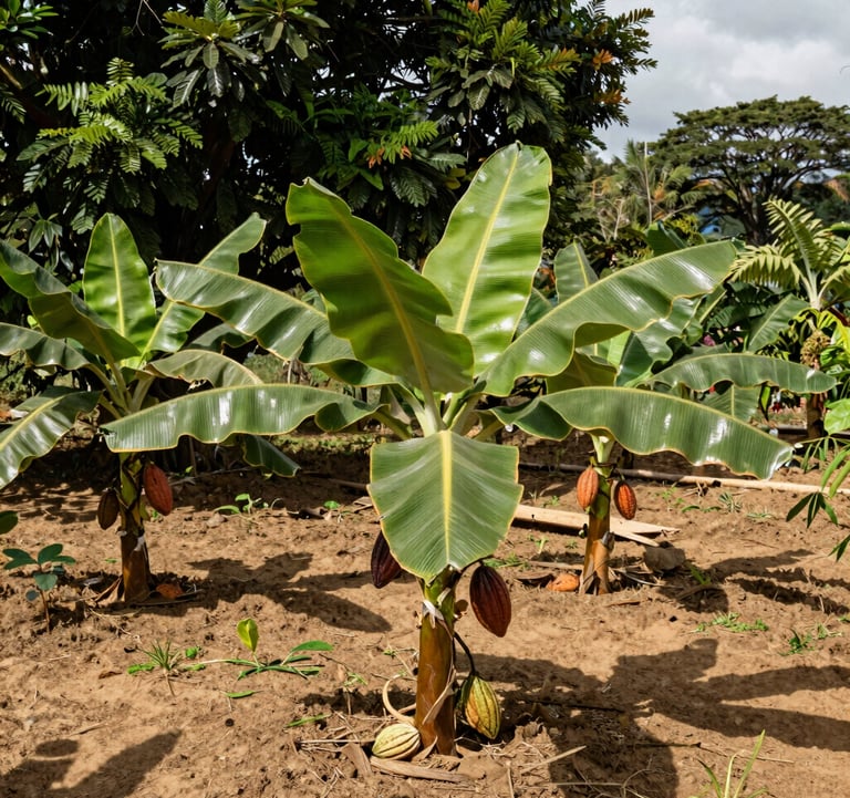 A high-quality photograph of a thriving family farm in the South American / Ecuadorian Amazon. Tropical plants like cacao and plantain grow in a sustainable, organic layout. Soft sunlight filters through dark green leaves and hits the rich tan soil.