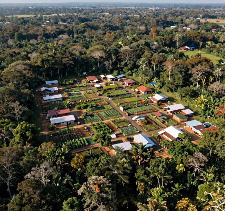 An aerial view of a sustainable community layout in the Amazon basin, featuring plenty of forest preservation and organized family gardens. Professional drone photography, soft sunlight.