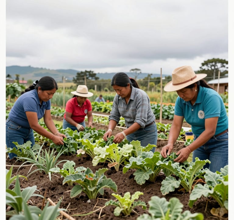 A group of South American / Ecuadorian cooperative members working together in a sustainable garden, organic agriculture theme, bright and clean composition.