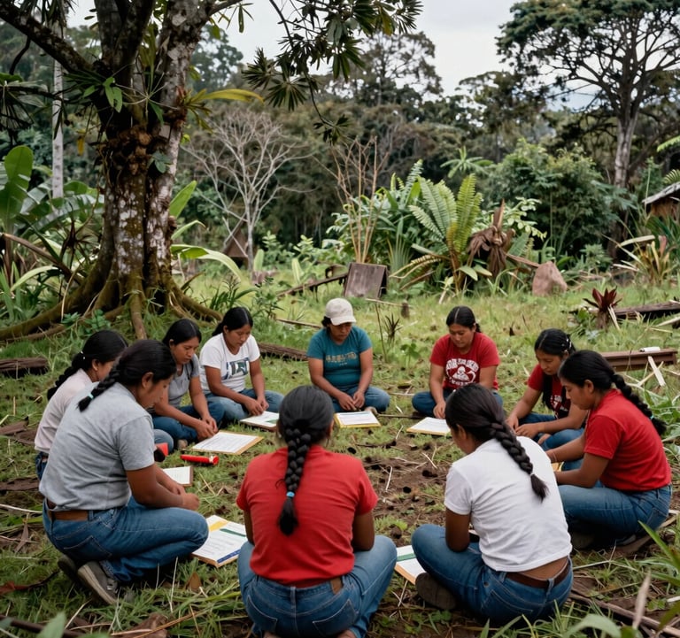Photography of a community group of South American / Ecuadorian people working on a social development project in a rural forest clearing, natural lighting, organic mood.
