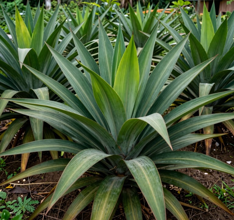 Detailed photography of Amazonian crops like yucca or plantain growing in an organic family farm, vibrant green leaves, South American region.