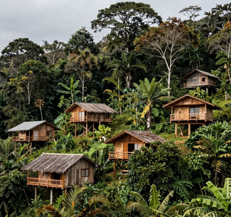 A peaceful landscape of family quintas in the Ecuadorian Amazon, showing small wooden ecological structures integrated into the forest. High quality photography, organic and sustainable mood.