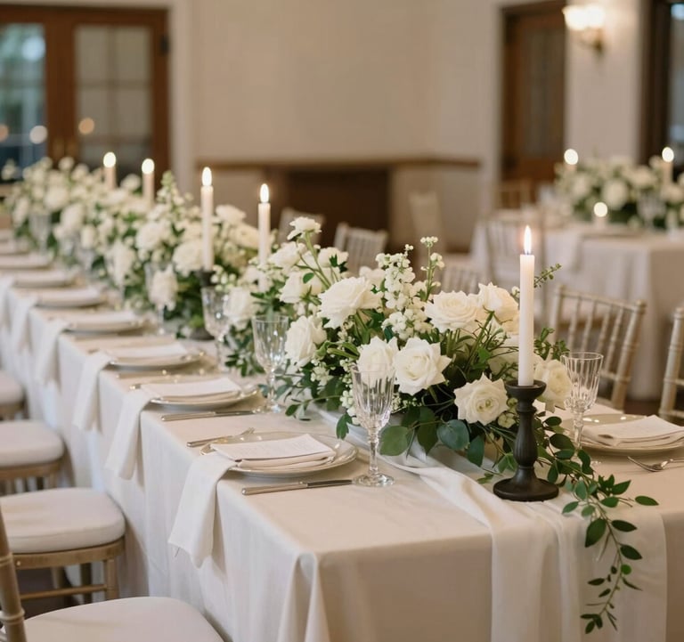 A wide-angle shot of a refined North American / US wedding reception table. Tall candles in dark charcoal holders stand amongst lush, low-profile white floral runners. The setting is a sophisticated indoor venue with soft, warm evening light and cream linens.