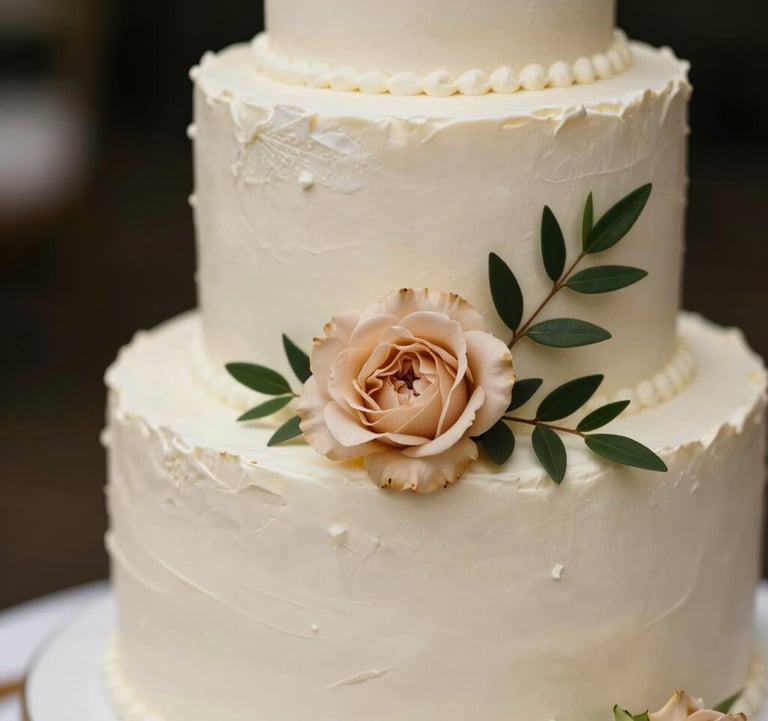 A close-up of a three-tier wedding cake with smooth off-white frosting, decorated with a single, perfectly placed beige flower and a sprig of greenery. Minimalist and high-end aesthetic.
