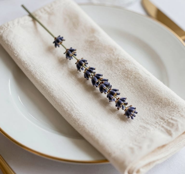 A close-up of a gold-rimmed place setting with a single sprig of dried lavender on an off-white linen napkin. North American wedding reception decor, elegant and minimalist aesthetic.