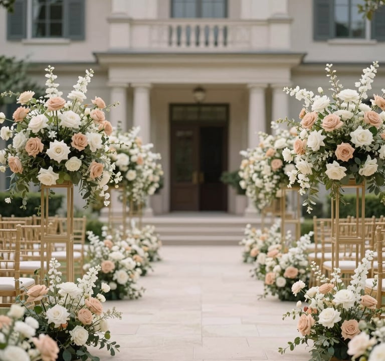 An elegant outdoor wedding aisle lined with tall, airy floral arrangements in neutral sand and cream tones. Soft professional photography, North American luxury estate background.