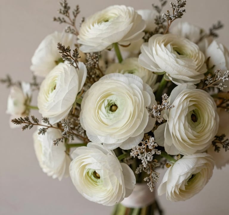 A detailed macro photograph of a bespoke wedding bouquet featuring ivory ranunculus and delicate muted grey-brown dried textures. The composition is artistic and intimate, captured in soft natural light against a light taupe background. North American / US style.