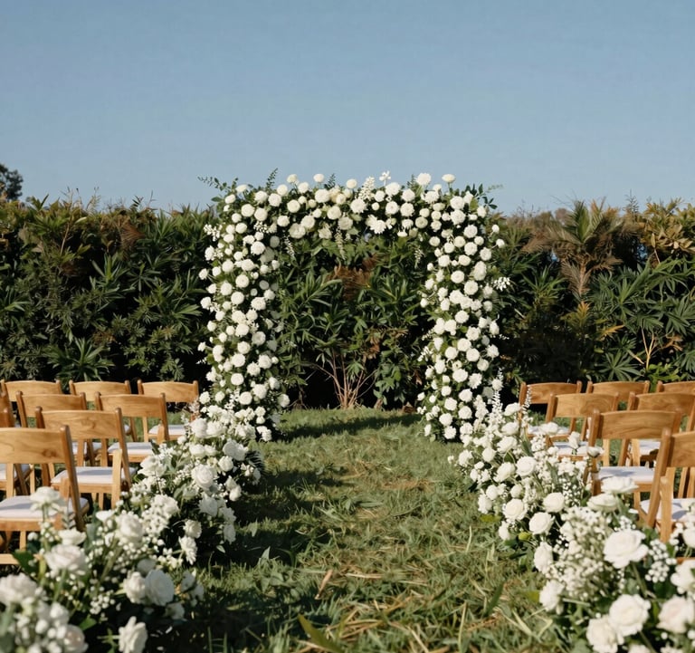 A beautifully decorated wedding aisle in a North American / US outdoor setting. Low, lush floral hedges in shades of off-white line the path. The chairs are light wood with clean lines, under a clear blue sky.