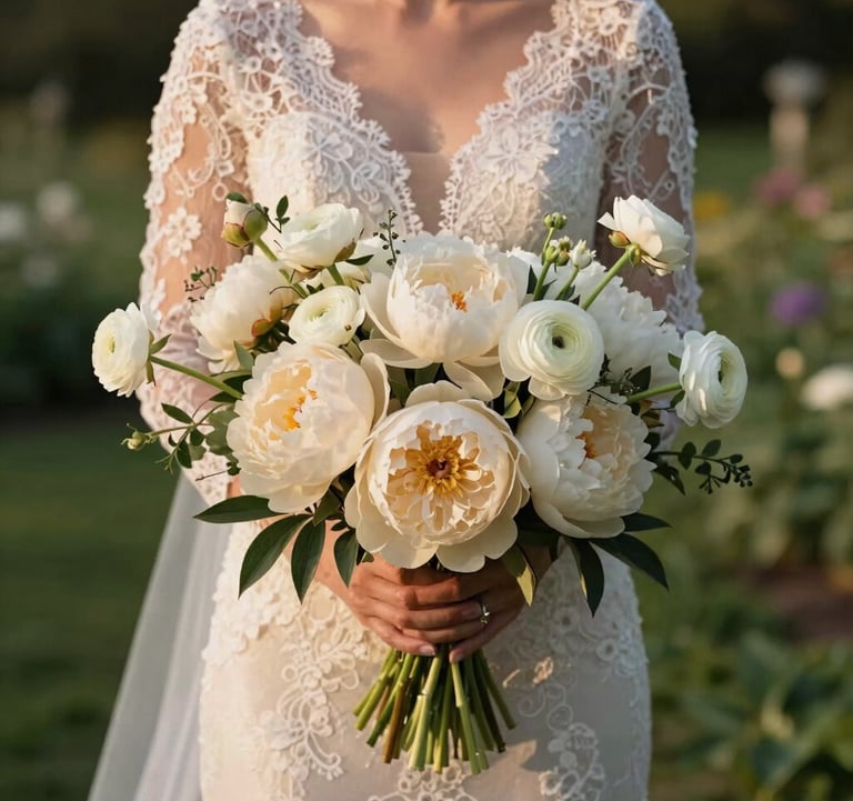 A sophisticated bride in a timeless lace gown holding an oversized bouquet of cream peonies and white ranunculus. North American garden setting, soft golden hour lighting, elegant and romantic style.