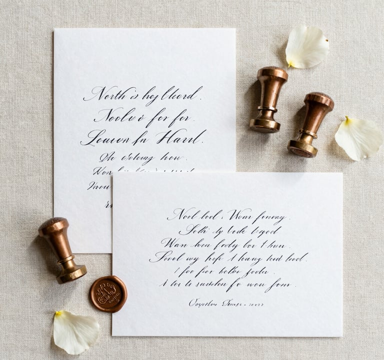 Flat lay of luxury North American / US wedding stationery on a cream linen background, featuring charcoal calligraphy, muted brown wax seals, and a few scattered cream flower petals. The composition is artistic and elegant.