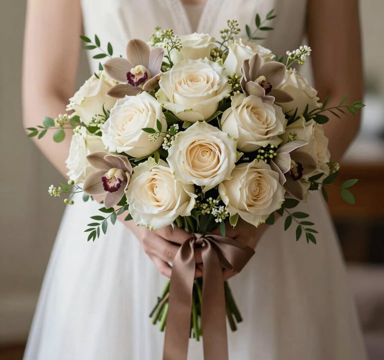 A close-up photograph of an intricate bridal bouquet featuring cream garden roses, light taupe orchids, and delicate greenery, tied with a long, muted brown silk ribbon. Soft, natural lighting in a high-end North American / US indoor setting.