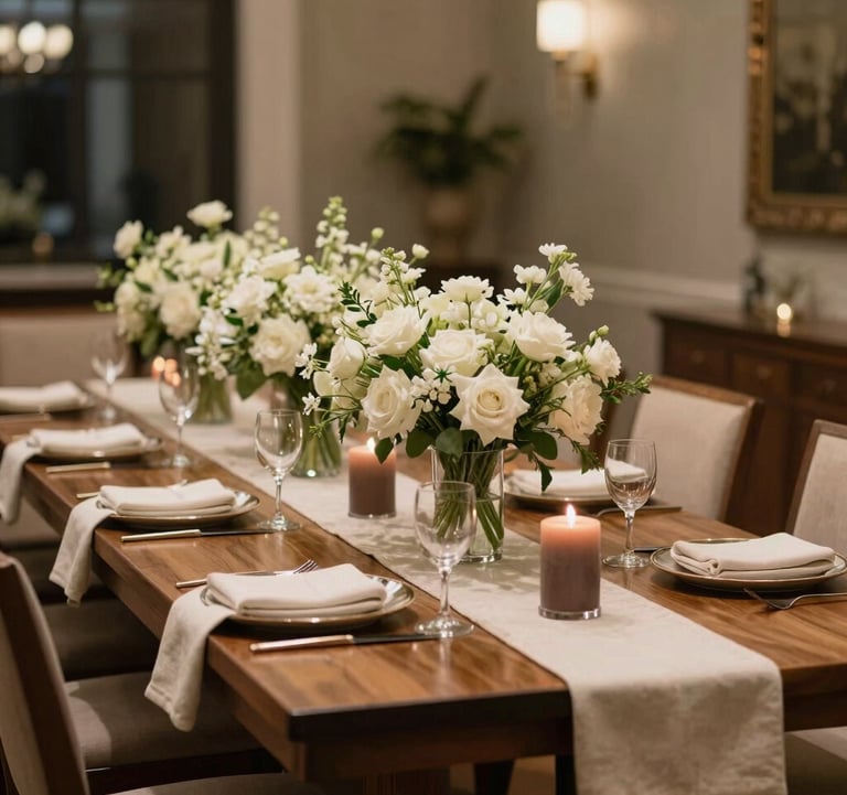 A masterfully set long wooden banquet table in a North American / US luxury estate. The table is adorned with cream runners, muted brown candles, and tall glass vases filled with sophisticated white florals. The lighting is intimate and warm.