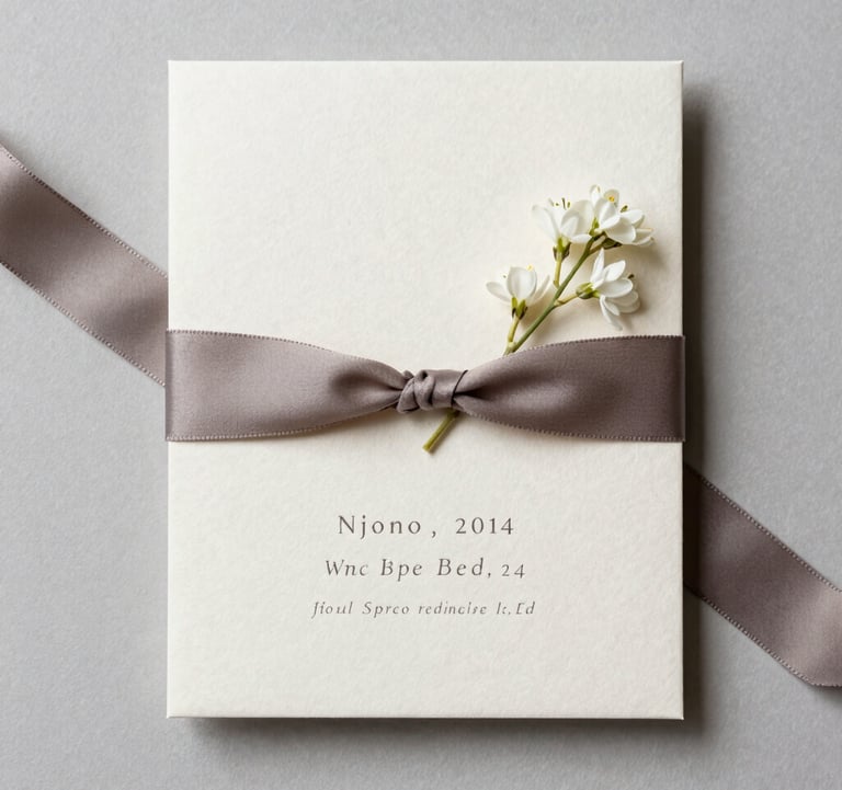 An elegant flat-lay of high-end wedding invitations on textured cream paper, paired with a sophisticated muted grey-brown silk ribbon and a single white sprig. Clean, minimalist composition with professional studio lighting. North American / US context.