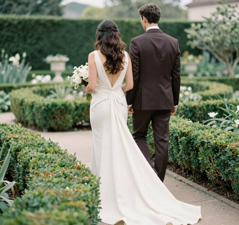 A lifestyle shot of a bride and groom from behind, walking through a manicured North American / US garden. She wears a sophisticated ivory gown with a long train, and he wears a tailored deep umber suit. Soft, dreamy lighting.