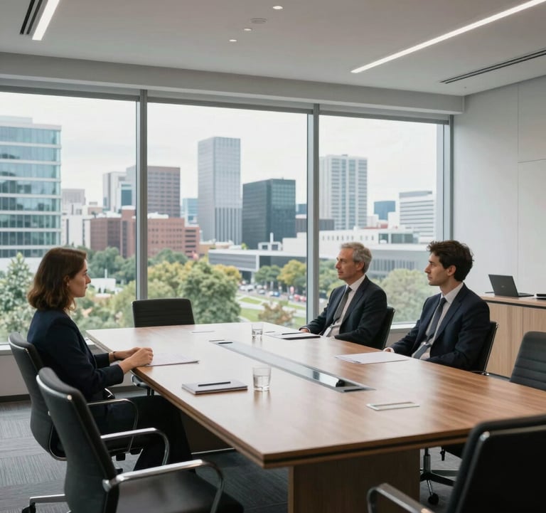 A bright, professional photograph of a Western European conference room overlooking an urban tech park. The scene is clean, with minimal furniture and a focus on high-end materials, reflecting a mood of professional innovation.
