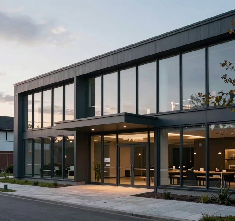 A professional architectural photograph of the entrance to a modern innovation center in the Maastricht-Heerlen region. The building shows large windows and sustainable design elements under a soft, overcast Western European sky.