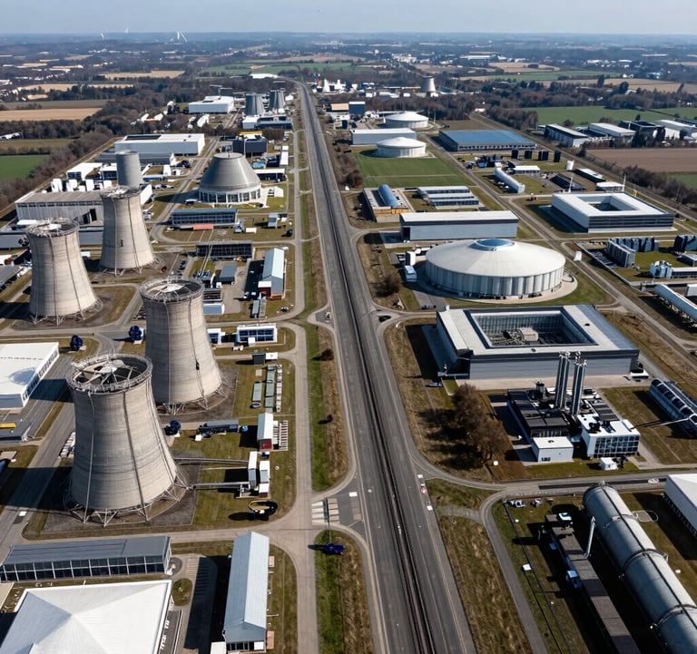 A wide aerial view of a strategic logistical corridor in Western Europe, featuring high-speed connectivity hubs and energy facilities, shot during the day with clear, professional lighting.