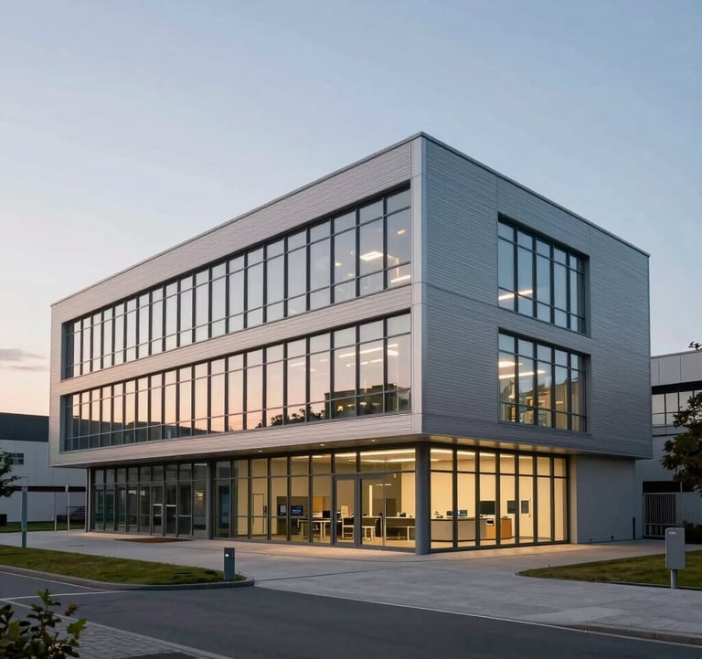 Exterior shot of a modern research facility in the Aachen-Jülich region. The architecture is minimalist Western European design, featuring steel and glass. Evening lighting creates a professional and trustworthy aura, emphasizing the facility's role in institutional AI development.