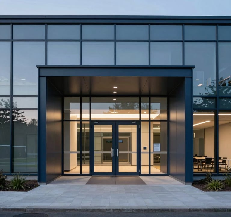 Architectural photography of a minimalist, secure facility entrance in the Benelux region. Modern glass and dark blue steel construction, evening lighting, conveying stability, control, and authority.